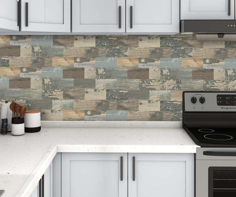 DEWOO 20-Sheet Peel and Stick Self Adhesive Wall Tiles Kitchen Backsplash Distressed Wood Look,Vintage Old Fashion (13.5" x 11.4") - Image 5